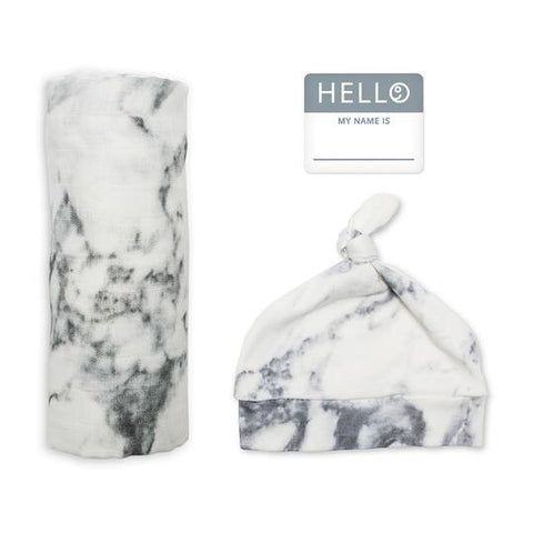 Lulujo -Hello World Blanket & Knotted Hat - Marble